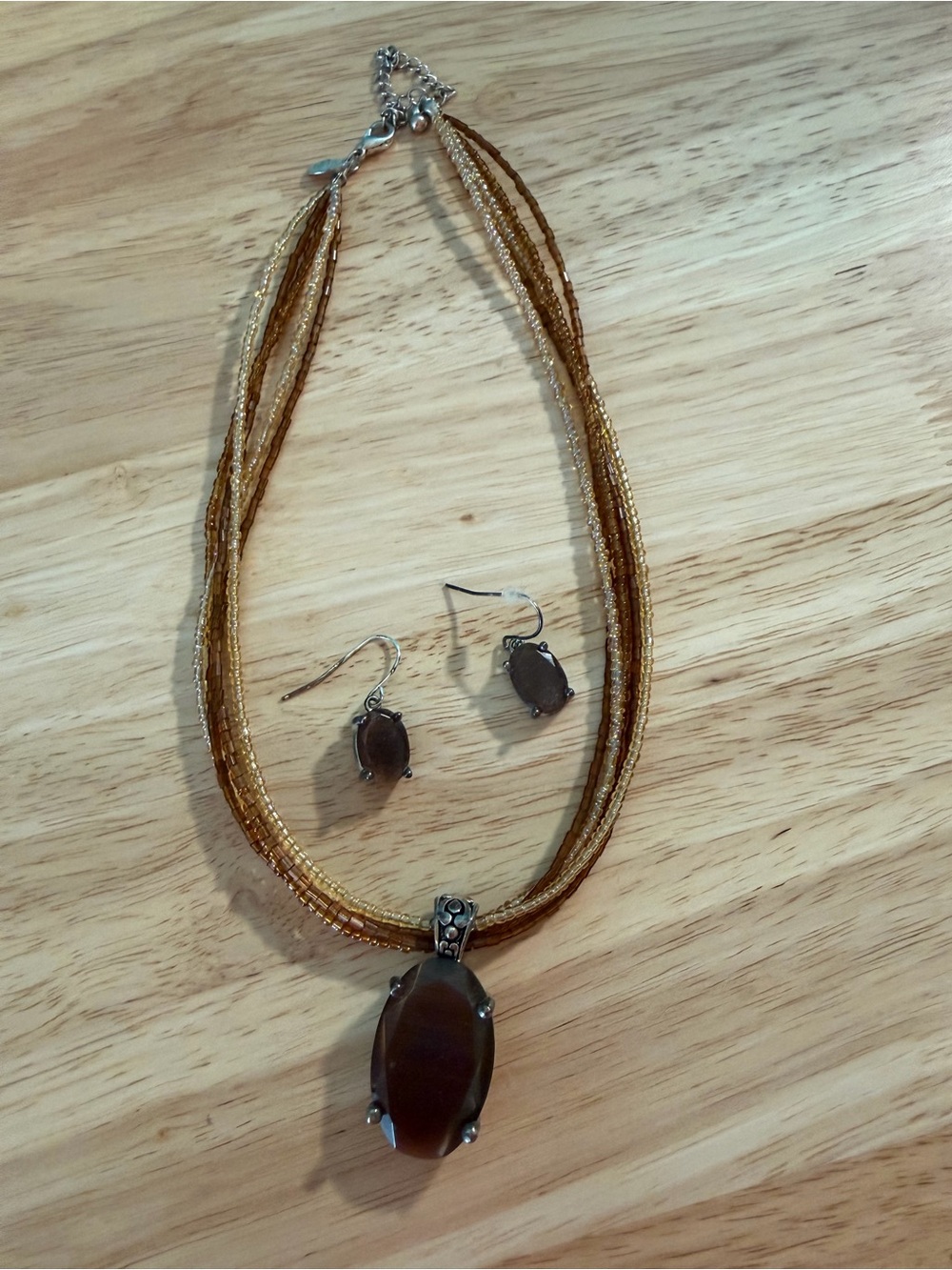 Premier Designs Brown Bead Multi-Strand Necklace with Matching Drop Earrings